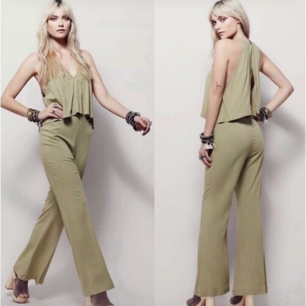 Free People Wild Thing Wide Leg Bohemian Jumpsuit 4 Light Olive *spots‎